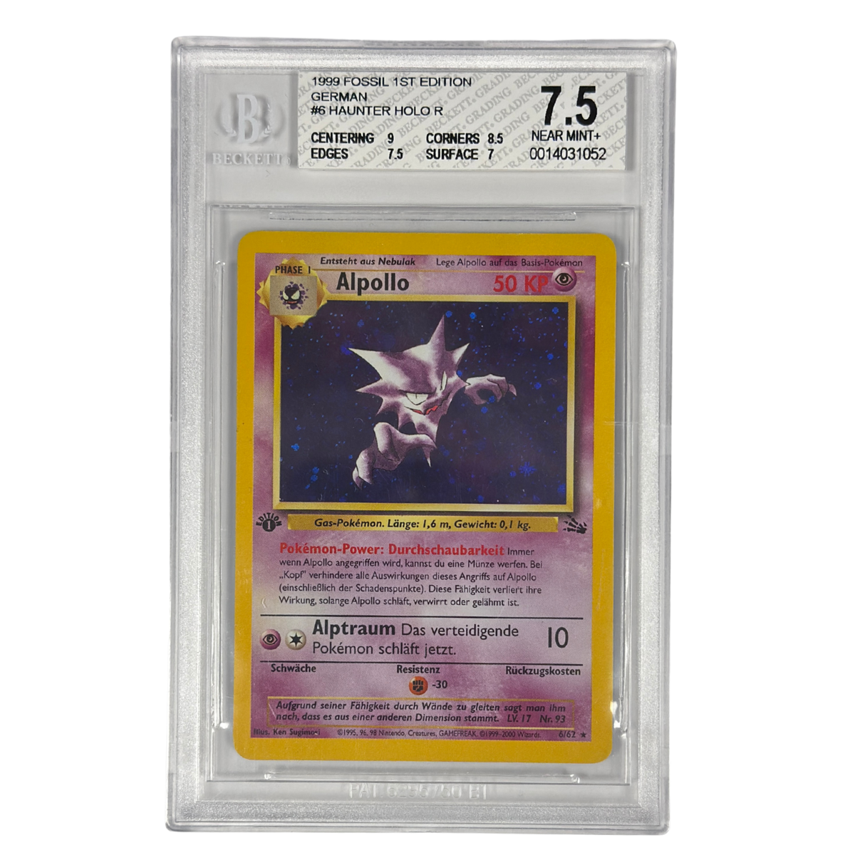 Pokémon - Alpollo Holo #6/62 (Fossil 1st Edition) – BGS 7.5 Near mint+