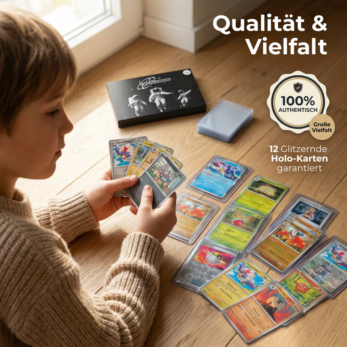 Set de cartas Pokémon Alemán – 100 cartas incl. 12 Holo + 100 fundas para cartas