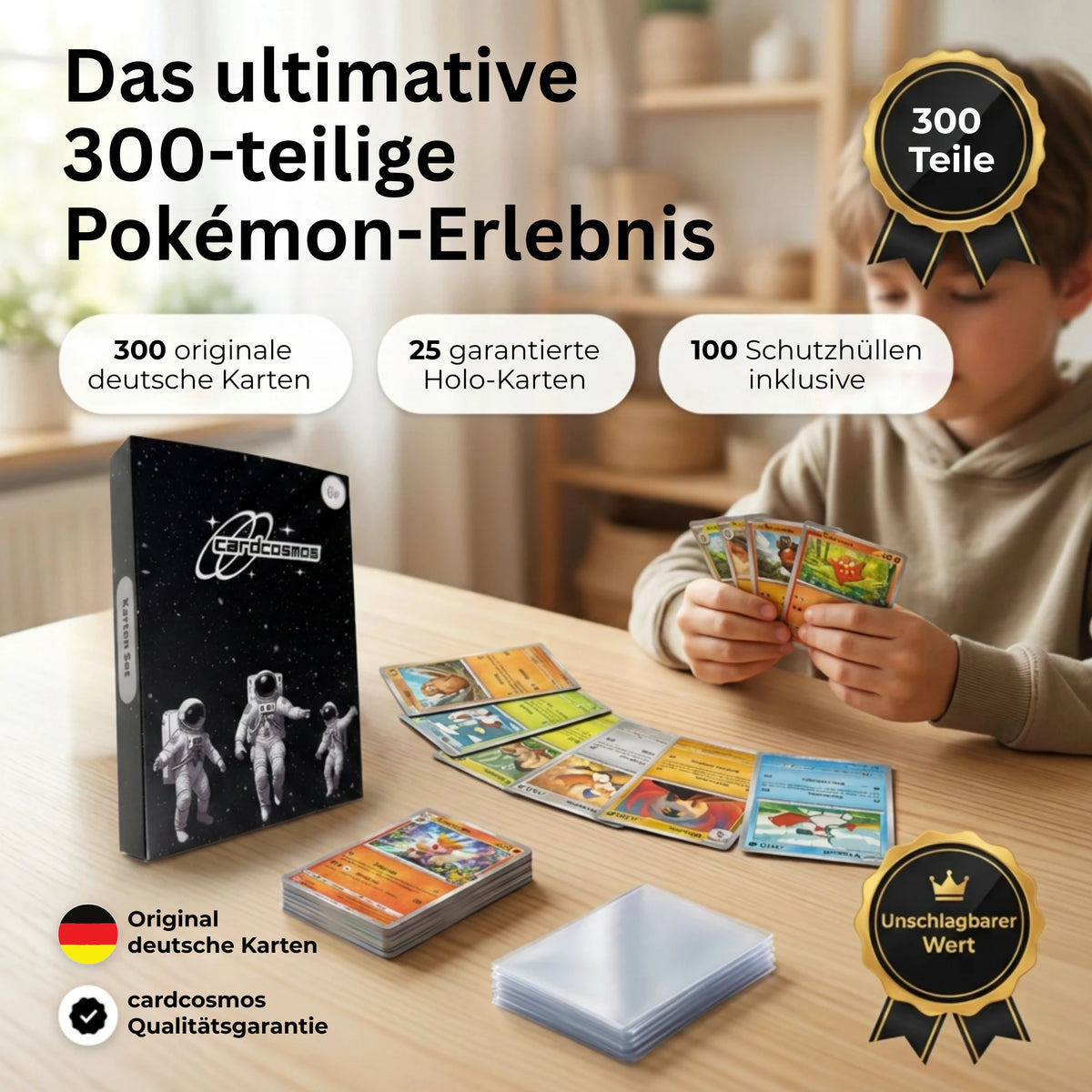 Set de cartas Pokémon Alemán – 200 cartas incl. 25 Holo + 100 fundas para cartas