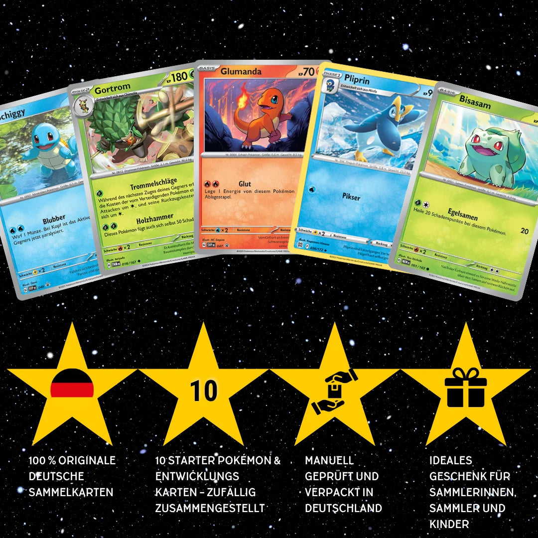 Set de cartas Pokémon Alemán – 10 cartas Pokémon iniciales y evoluciones – Selección aleatoria