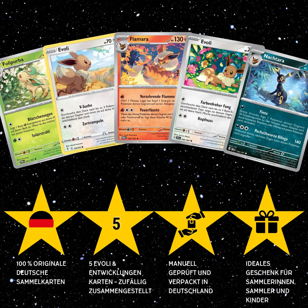 Set de cartas Pokémon Alemán – 5 cartas Evoli/Eevee y evoluciones – Selección aleatoria