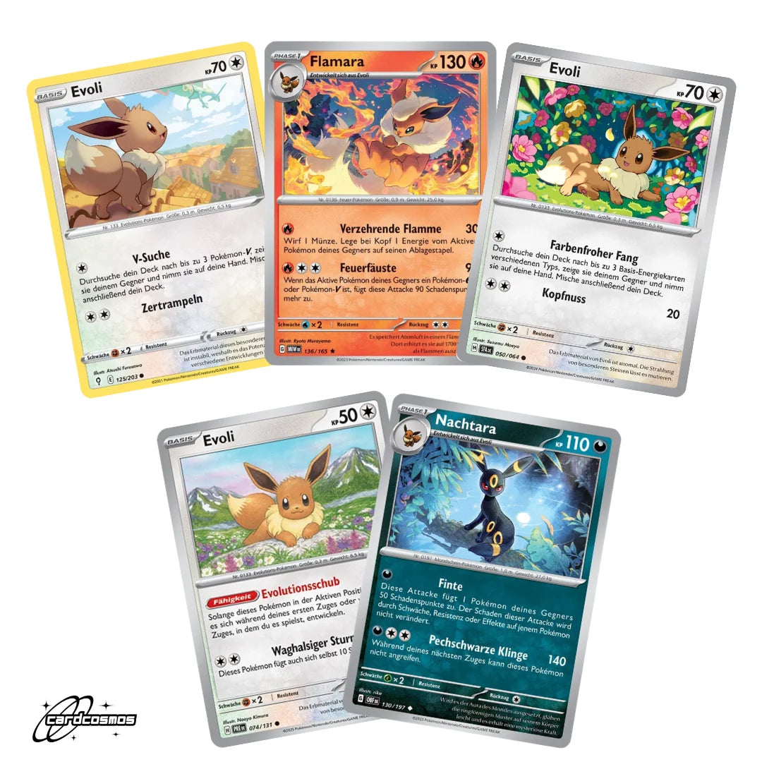 Set de cartas Pokémon Alemán – 5 cartas Evoli/Eevee y evoluciones – Selección aleatoria