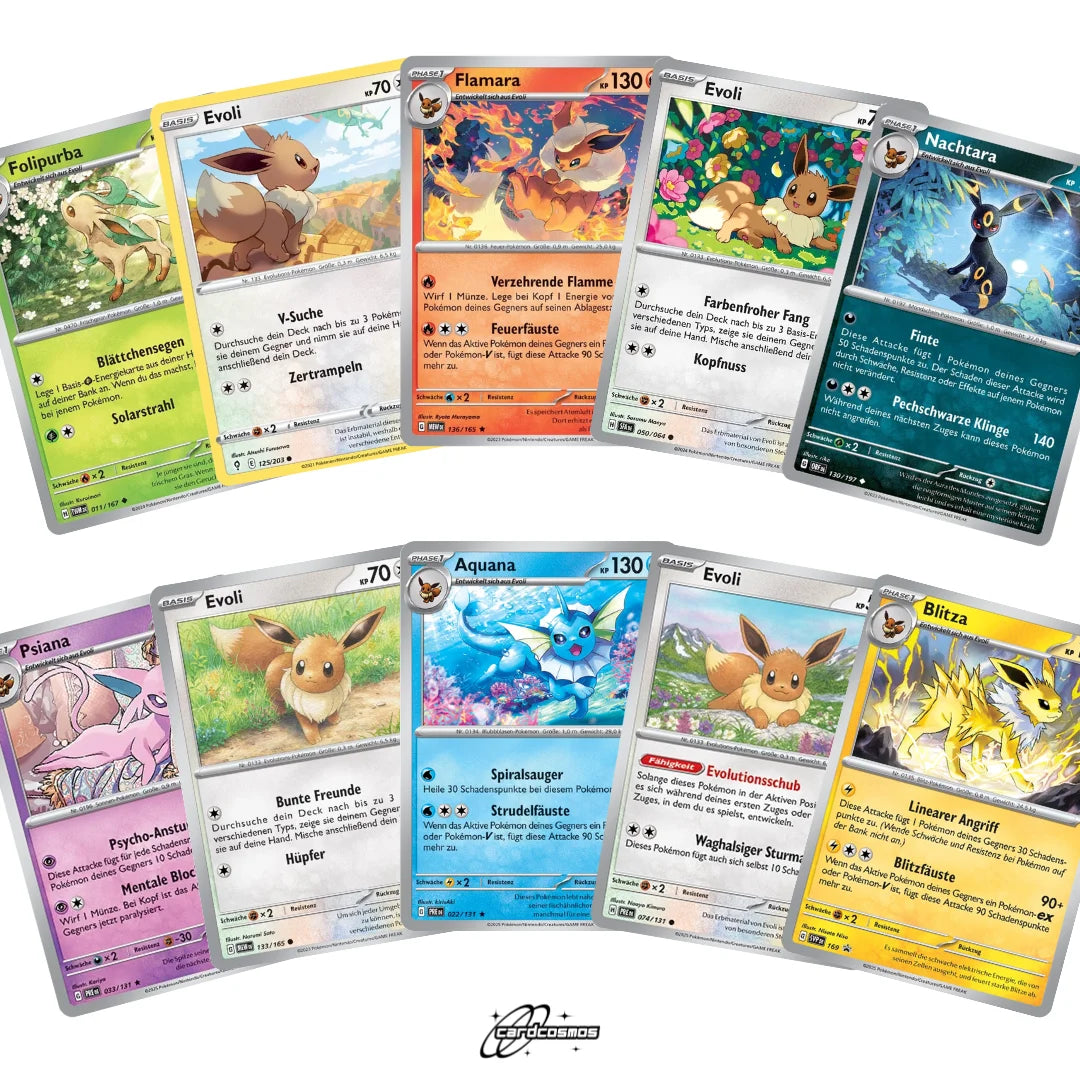 Set de cartas Pokémon Alemán – 10 cartas Evoli/Eevee y evoluciones – Selección aleatoria