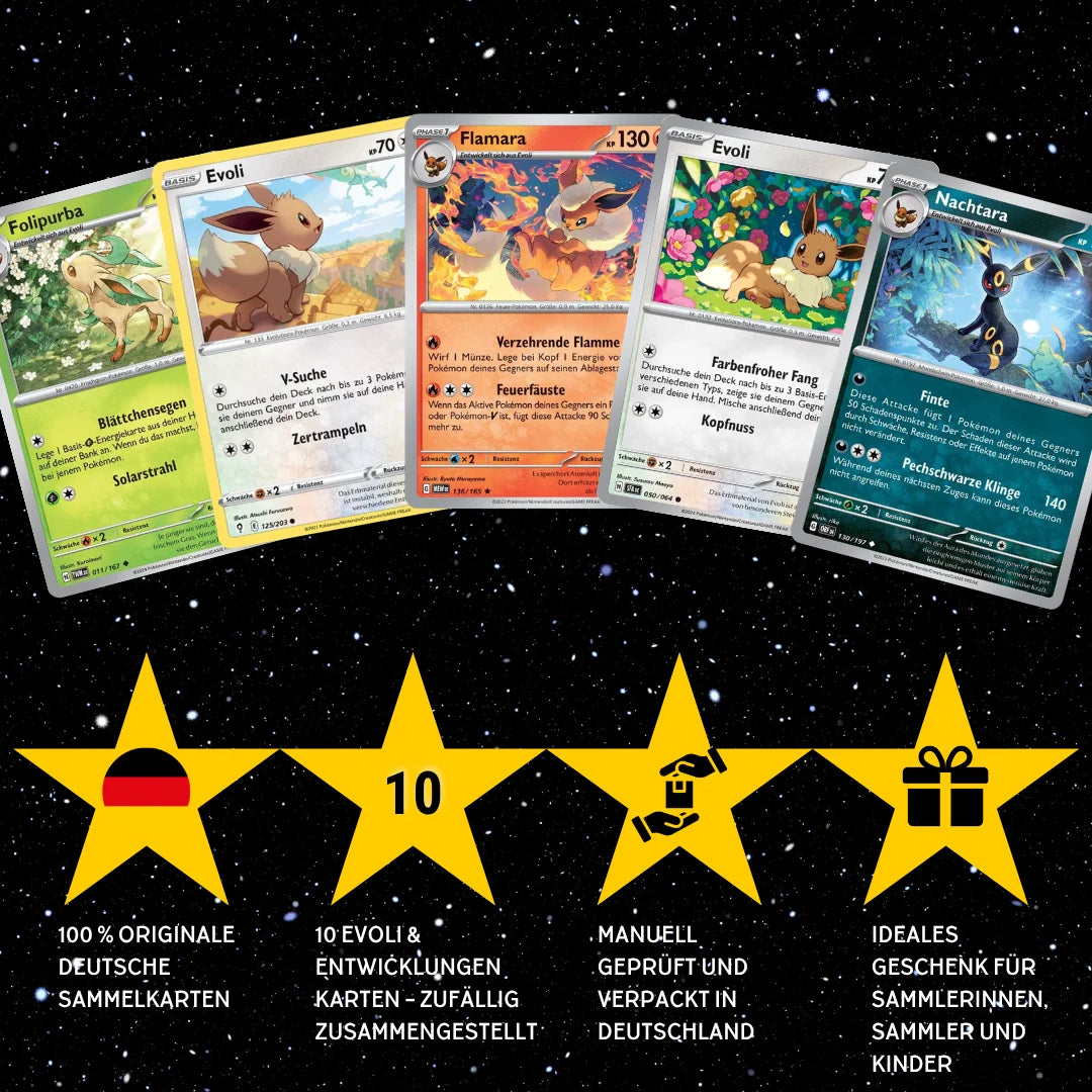 Set de cartas Pokémon Alemán – 10 cartas Evoli/Eevee y evoluciones – Selección aleatoria