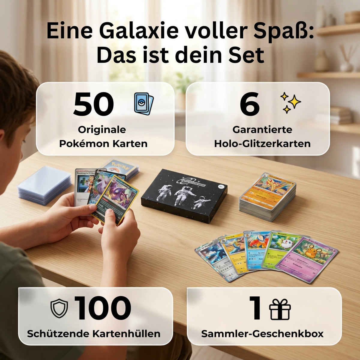 Set de cartas Pokémon Alemán – 50 cartas incl. 6 Holo + 100 fundas para cartas