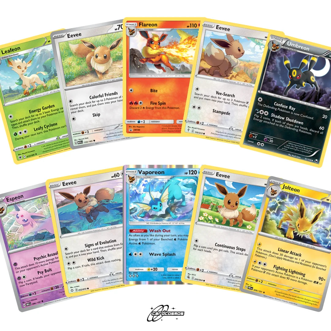 Set de cartas Pokémon Inglés – 10 cartas Evoli/Eevee y evoluciones – Selección aleatoria