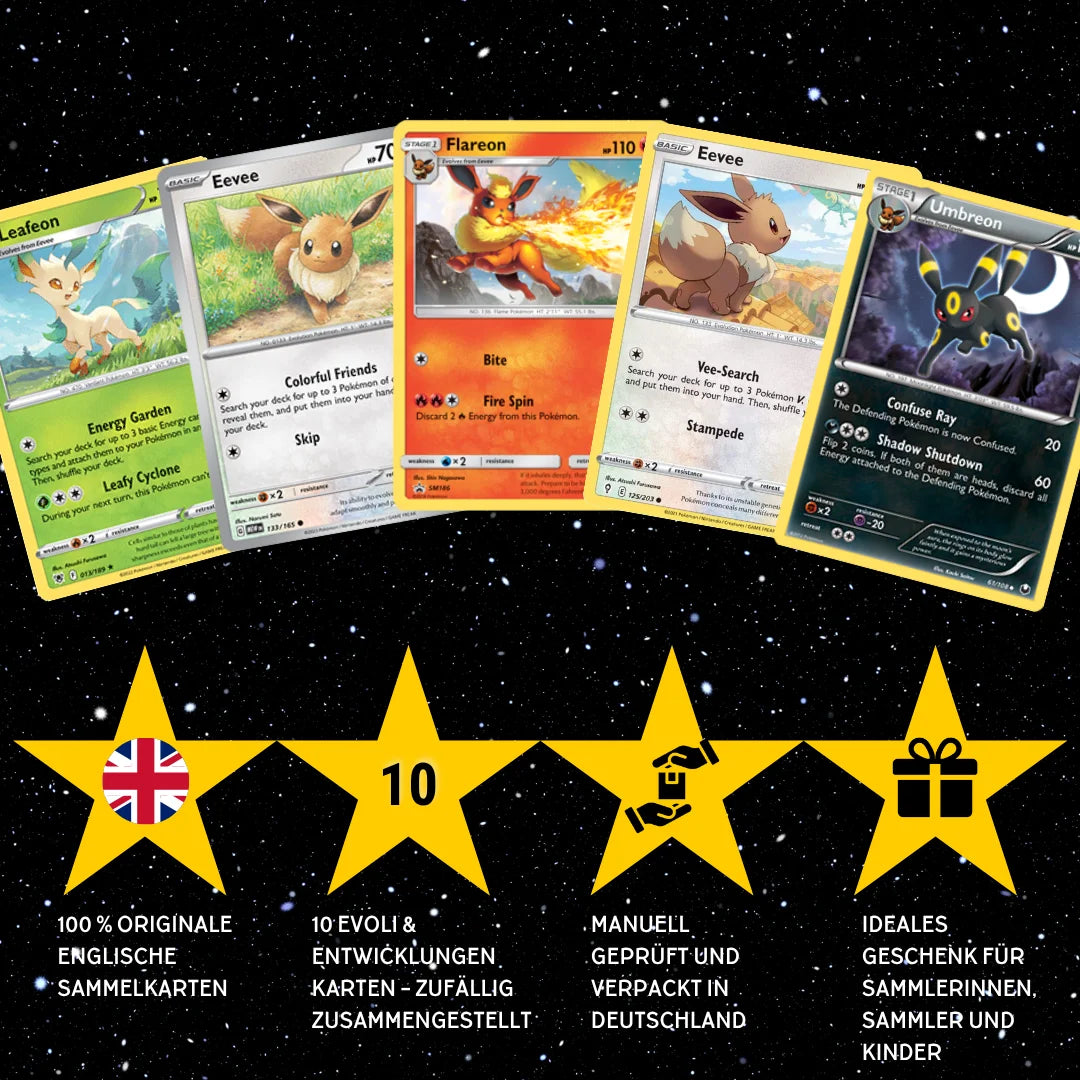 Set de cartas Pokémon Inglés – 10 cartas Evoli/Eevee y evoluciones – Selección aleatoria