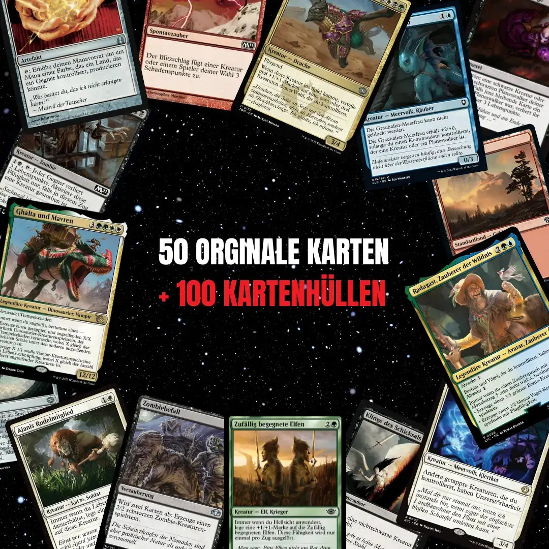 Magic: The Gathering Card Set German – 50 cards incl. 4 Rares & 1 Foil + 100 Card Sleeves